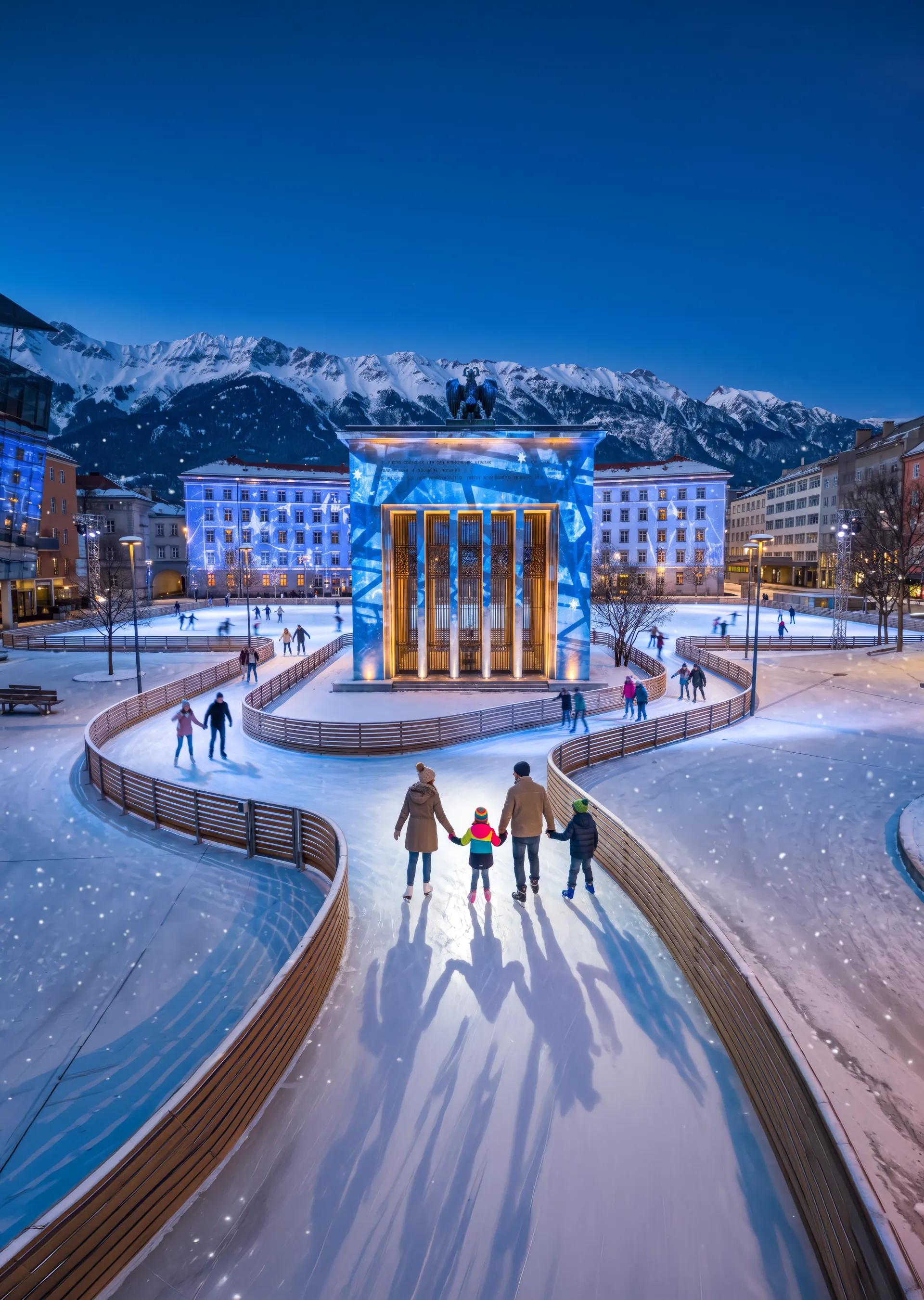 Eislaufpfad vor beleuchteter Kulisse und Bergpanorama in Innsbruck
